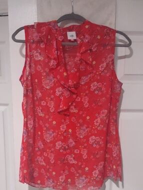 cabi Sleeveless Sheer Red Floral Ruffle Neck Blouse Size Small